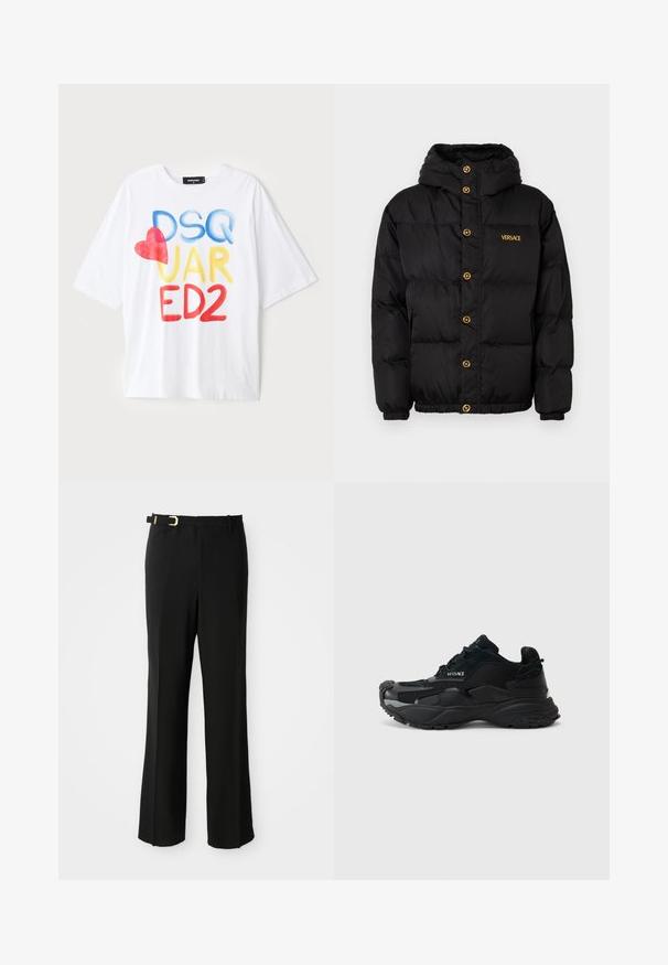 Čierna puferová bunda s kapucňou, so zlatými gombíkmi a zlatým logom "VERSACE". Textúrovaný, izolačný materiál a elastické manžety.; Biela tričko s krátkym rukávom a farebným textom: "DSQ JAR ED2" v modrej, žltej a červenej farbe, s červeným srdcovým akcentom. Bavlnená látka.; Čierne nohavice s priliehavým strihom, s plochým predným dielom, pútkami na opasok, elegantnou siluetou a zlatou sponou ako ozdobou na opasku.; Čierne športové tenisky s sieťovinou a zamšou, textúrovaná podrážka, zaoblená špička a detail loga Versace na boku.
