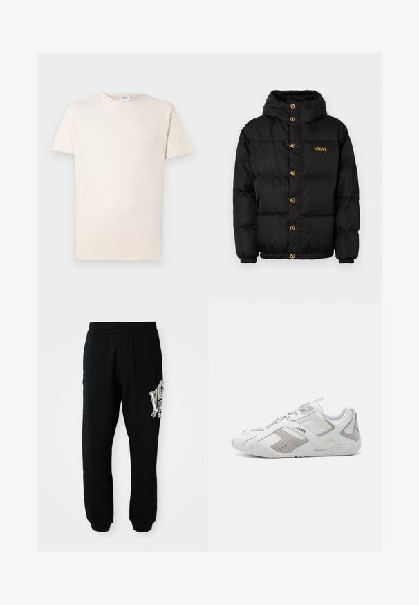 Melnā pūkainā jaka ar kapuci, ar zeltainām pogām un 'VERSACE' zīmolu zeltā. Tekstūrēts, siltumizolējošs materiāls un elastīgas piedurknes.; Īsām piedurknēm bežs T-kreklis, izgatavots no mīkstas kokvilnas, ar apaļu kakla izgriezumu un brīvu piegriezumu. Diskretrā tekstūra ar minimālu noformējumu.; Melnas svītrainas bikses, kas izgatavotas no mīkstas auduma, ar ribota josta un piedurknēm. Kreisajā kājā ir grafiska apdruka baltā un pelēkā krāsā.; Baltās sporta kedas ar pelēkām īstas ādas akcentiem, teksturētu gumijas zoli, tīkla paneļiem un saistēšanas sistēmu. Satur zīmola logotipu sānos.