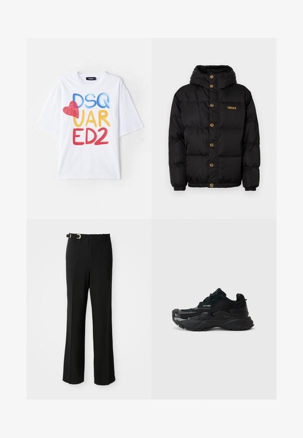 Černá puffa bunda s kapucí, zdobená zlatými knoflíky a zlatým logem „VERSACE“. Texturovaný, izolační materiál a elastické manžety.; Bílý tričko s barevným grafickým potiskem a nápisem "DSQ UAR ED2," červeným srdcovým akcentem, krátkým rukávem a designem s kulatým výstřihem.; Černé kalhoty s přiléhavým střihem, se zdrženlivým předním dílem, poutky na pásek, elegantní siluetou a zlatou sponou na pásku.; Černé sportovní tenisky s prvky z nylonu a semiše, texturovanou podrážkou, kulatou špičkou a detailem loga Versace po straně.