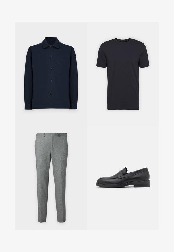 Temno modra srajca z dolgimi rokavi in gumbi, klasičnega ovratnika in enim žepom na prsih, prikazana na enobarvni beli podlagi.; Črna bombažna majica, kratki rokavi, okrogla izreza, enotne barve, lahek material, gladka tekstura, brez vidnih vzorcev ali grafik.; Sive, krojene hlače z diskretnim houndstooth vzorcem, zožane noge, zanke za pas in raven sprednji del.; Črne usnjene loafers čevlje z zaobljenim nosom, šivanim detajlom in nizko, široko peto. Imajo gladko teksturo in minimalističen dizajn.