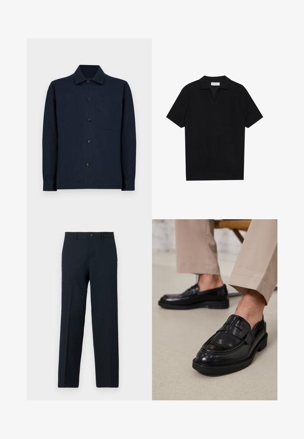 Langermet skjorte i marineblått med knapper, klassisk krage og en enkel brystlomme, vist på en ensfarget hvit bakgrunn.; Svart kortermet polo skjorte med strukturert, ribbet stoff, med v-hals og rett nederkant. Ingen synlige logoer eller mønstre.; Mørk marineblå bukser laget av vevd stoff, med et rett ben-design, en enkelt knappelukking og detaljer med frontpreg.; Svarte skinnloafers med glatt overflate, med en dekorativ stropp og kontrastbroderi, sammen med beige bukser.
