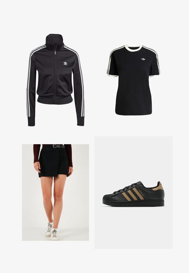 Chaqueta atlética negra hecha de una tela suave y ligera. Presenta un cuello alto, cierre con cremallera y tres rayas blancas en cada manga.; Camiseta de algodón negra con acentos en blanco en el cuello y las mangas, que presenta tres rayas blancas en cada hombro y un pequeño logo en el pecho.; Pantalones cortos negros con un diseño de panel lateral, que cuentan con un bolsillo frontal y un cinturón. El modelo lleva zapatillas blancas con detalles grises. Textura suave.; Zapatilla de cuero negra con tres rayas marrones, puntera de goma texturizada, cierre de cordones en la parte delantera y suela plana negra. Presenta un sutil logotipo en el talón.