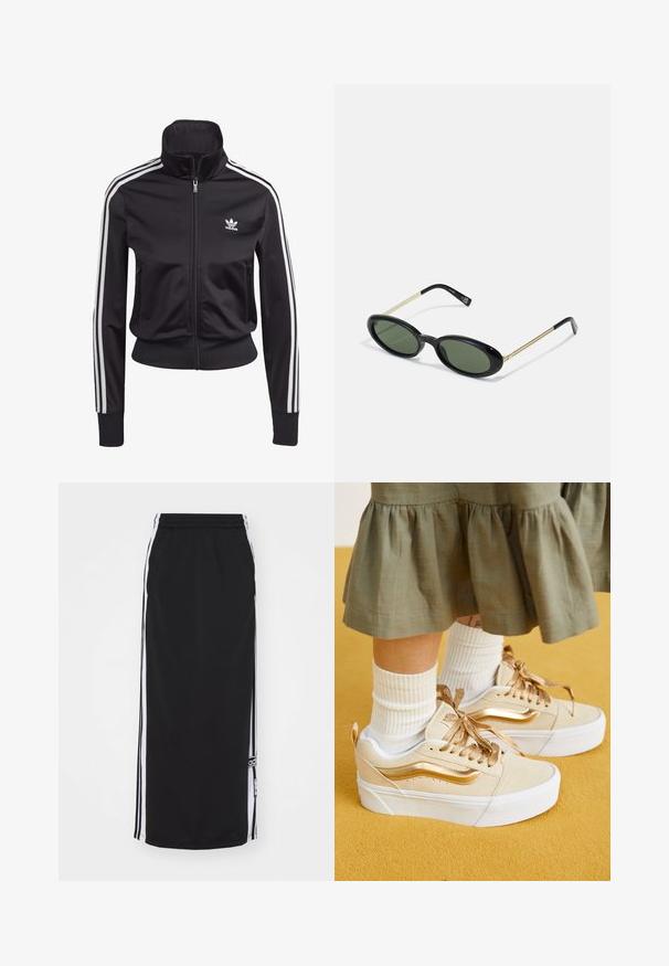 Jachetă sport neagră, confecționată dintr-un material neted și ușor. Dispune de un guler înalt, închidere cu fermoar și trei dungi albe pe fiecare manșon.; Tricou alb cu mânecă scurtă, fabricat din bumbac, cu guler rotund și o croială lejeră, fără modele sau grafice vizibile.; Fustă sport neagră cu dungi albe pe laterale, talie elastică și detalii cu logo. Fabricată din material respirabil, design până la genunchi.; Vans KNU STACK - Pantofi skate - high shine gold; Ochelari de soare cu rame ovale, lentile verzi, față din plastic negru și brate subțiri din metal aurit. Prezintă un design minimalist cu o textură netedă.