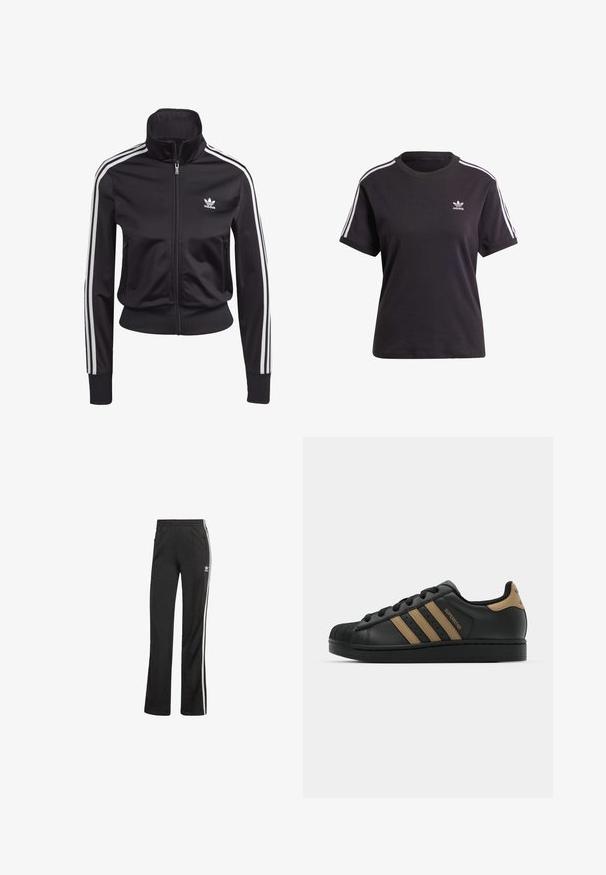 Črna športna jakna, izdelana iz gladkega, lahkega blaga. Ima visok ovratnik, zadrgo in tri bele črte na vsaki rokavu.; Črna bombažna kratkotrajna majica s kratkimi rokavi in okroglim izrezom, ki ima bele črte na ramenih in majhno belo Adidasovo logo na prsih.; Črne športne hlače sproščenega kroja, z belimi stranskimi črtami in elastičnim pasom. Vključujejo majhen logotip na strani.; Črne usnjene superge s tremi rjavimi črtami, teksturiran zaščitni pokrov na prstih, vezalni sprednji del in ravno črna podplat. Vsebuje subtilen logotip na peti.