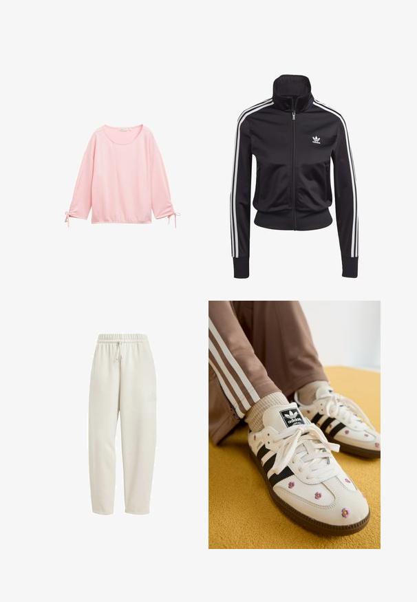 Schwarze Sportjacke aus glattem, leichtem Stoff. Sie verfügt über einen hohen Kragen, einen Reißverschluss und drei weiße Streifen an jedem Ärmel.; Rosa Langarmshirt mit strukturiertem, geripptem Design. Verfügt über einen runden Halsausschnitt und geraffte Details an den Handgelenken mit Bindebändern.; Helle beige Sweatpants aus weichem Stoff, mit einem elastischen Taillenbund und Kordelzug sowie einem dezenten Logo-Detail an der Seite.; Weiße Leder-Sneaker mit drei schwarzen Streifen und floralem Stickereien in Lila und Gelb. Braune Gummisohle. Kombiniert mit beigen gerippten Socken.