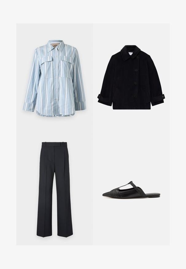 Tummansininen villatakki, jossa on kaulus, napitettava yksirivinen suljenta, kaksi sivutaskua ja napilla varustettu hihadetail.; Raitaleva, kerma värinen polo-paita pitkillä, levenevillä hihoilla ja viiden napin listalla. Varustettu pehmeätekstuurisella kauluksella.; Vaaleansininen napitettava paita, jossa on valkoiset pystyrivat, kaksi etutaskua ja pitkät hihat. Sileä kangas ja terävä kaulus.; Tummansiniset raidalliset housut, joissa on korkea vyötärö, leveät lahkeet ja ei näkyviä metalliosia tai koristeita. Sileä pinta ja räätälöity istuvuus.; Musta nahkasandaali, jossa on terävä kärki, somistettuna kudotulla yksityiskohdalla ja pleatatuilla yläosilla. Litteä pohja, jossa on vähäisiä tarvikkeita.