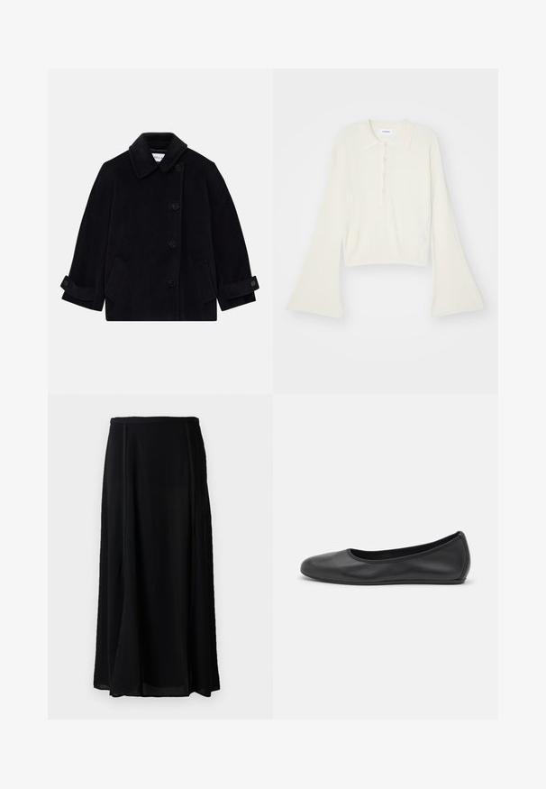 Tumši zils vilnas mētelis ar apkakli, vienas rindas pogu aizdari, divām sānu kabatām un piedurkņu detaļām ar pogām.; Rudmāta, krēmkrāsas polo krekls ar garām, zvana formu piedurknēm un piecu pogu aizdari. Iespējas ietver mīksta tekstūra apkakli.; Melna maksi svārki, izgatavoti no viegla materiāla, ar plūstošu dizainu, viendabīgā melnā krāsā un smalkām sānu šuvju detaļām.; Melna ādas baleta kurpe ar noapaļotu purngalu, gludu tekstūru, minimālu šuvju detalizāciju un elastīgu zoles dizainu.