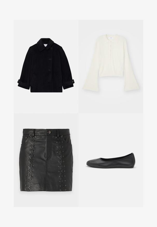 Navy blue wool coat featuring a collar, single-breasted button closure, two side pockets, and cuff detail with buttons.; Ribbed, cream-colored polo shirt with long, flare sleeves and five button placket. Features a collar with a soft texture.; Black leather mini skirt featuring lace-up detailing on the sides with metal eyelets, five-pocket design, and a fitted silhouette.; Black leather ballet flat with a rounded toe, smooth texture, minimal stitching detail, and a flexible sole design.