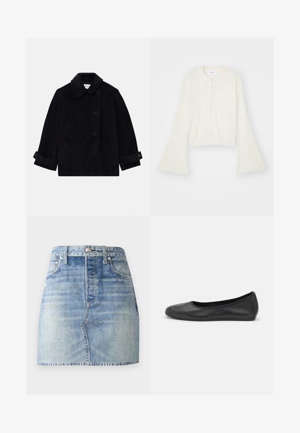 Navy blue wool coat featuring a collar, single-breasted button closure, two side pockets, and cuff detail with buttons.; Ribbed, cream-colored polo shirt with long, flare sleeves and five button placket. Features a collar with a soft texture.; Denim skirt in light blue wash, high-waisted with a fitted design, frayed hem, and classic five-pocket style. Silver hardware accents.; Black leather ballet flat with a rounded toe, smooth texture, minimal stitching detail, and a flexible sole design.