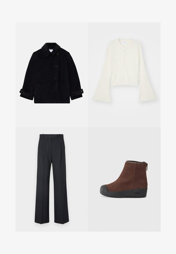 Marineblauer Wollmantel mit Kragen, einreihiger Knopfverschluss, zwei Seitentaschen und Ärmelabschluss mit Knöpfen.; Geripptes, cremefarbenes Polohemd mit langen, ausladenden Ärmeln und einer Knopfleiste mit fünf Knöpfen. Verfügt über einen Kragen mit einer weichen Textur.; Dunkelblaue Nadelstreifenhosen mit hoher Taille, weit geschnittenem Bein und ohne sichtbare Beschläge oder Verzierungen. Glatte Textur und taillierte Passform.; Braune Wildleder-Stiefelette mit runder Spitze, strukturiertem schwarzem Gummisohle und seitlichem Reißverschluss. Dezente Markierung an der Ferse und in der Nähe des Reißverschlusses.