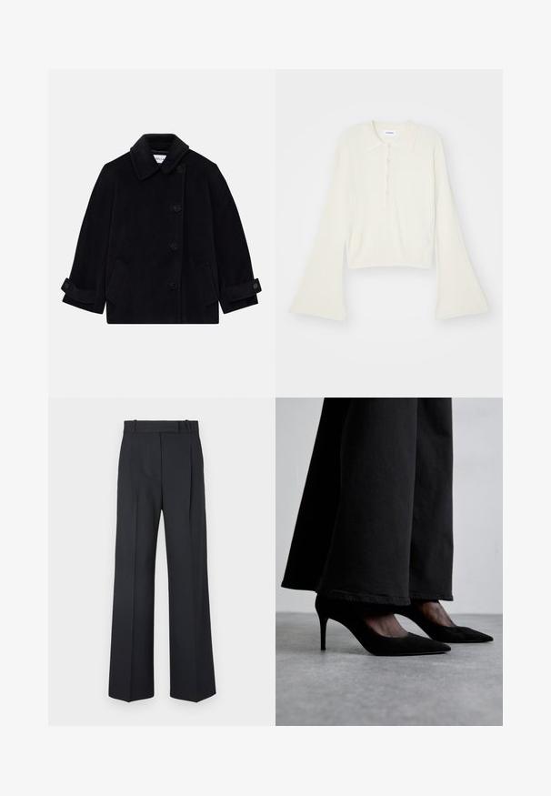 Granatowy wełniany płaszcz z kołnierzem, zapięcie na jeden guzik, dwie boczne kieszenie oraz ozdobne mankiety z guzikami.; Prążkowana, kremowa koszulka polo z długimi, rozszerzającymi się rękawami i zapięciem na pięć guzików. Posiada kołnierz o miękkiej fakturze.; Ciemnoniebieskie spodnie w paski z wysokim stanem, szerokimi nogawkami i bez widocznych elementów metalowych lub ozdób. Gładka tekstura i dopasowany krój.; Czarne zamszowe szpilki z ostrymi noskami, noszone z czarnymi szerokimi spodniami, charakteryzują się eleganckim designem i subtelnym połyskiem.