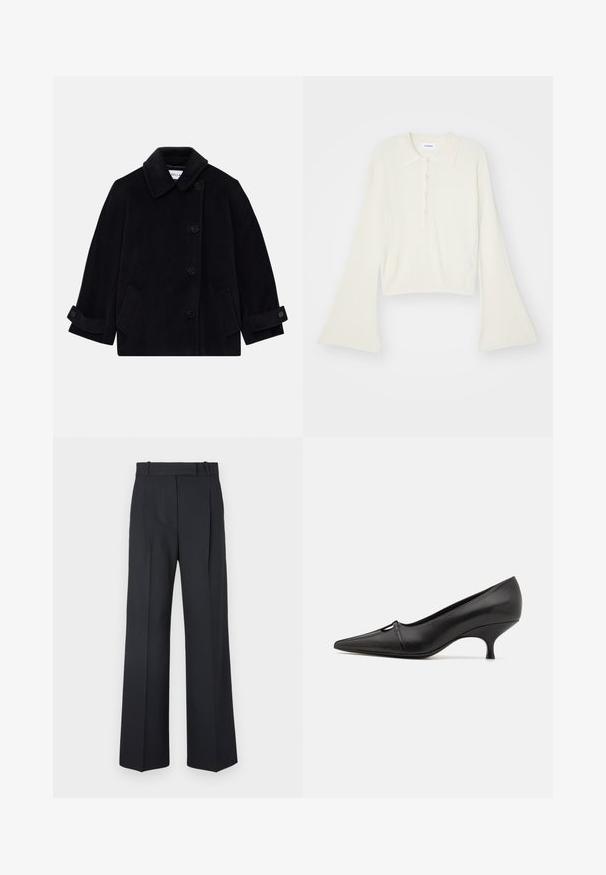 Námořnický modrý vlněný kabát s límcem, jednobarevným zapínáním na knoflíky, dvěma bočními kapsami a detailem na manžetách s knoflíky.; Hladký krémový polo tričko s dlouhými rozevlátými rukávy a páskou s pěti knoflíky. Obsahuje límeček s jemnou texturou.; Tmavě modré kalhoty s pruhy, vysokým pasem, širokým nohavicemi a bez viditelného kování nebo ozdob. Hladká textura a přesně padnoucí střih.; GIABORGHINI DANA - Klasické lodičky - black