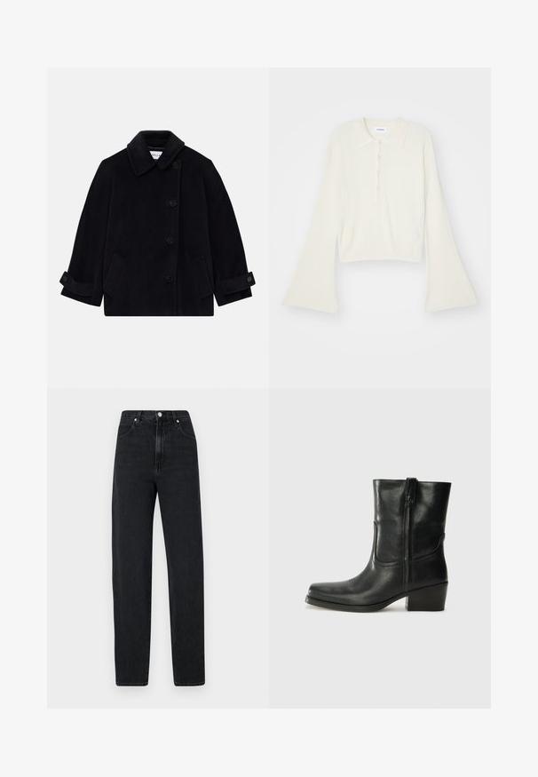 Marineblauer Wollmantel mit Kragen, einreihiger Knopfverschluss, zwei Seitentaschen und Ärmelabschluss mit Knöpfen.; Geripptes, cremefarbenes Polohemd mit langen, ausladenden Ärmeln und einer Knopfleiste mit fünf Knöpfen. Verfügt über einen Kragen mit einer weichen Textur.; Schwarze Jeans mit geradem Bein aus Denim. Merkmale sind eine hohe Taille, ein metallener Knopfverschluss, fünf Taschen und subtile Nähdetails.; Schwarze Leder-Ankle Boots mit runder Zehenform, Blockabsatz, seitlichem Reißverschluss und gestickten Akzenten auf dem Blatt. Glatte Textur, klassisches Design.