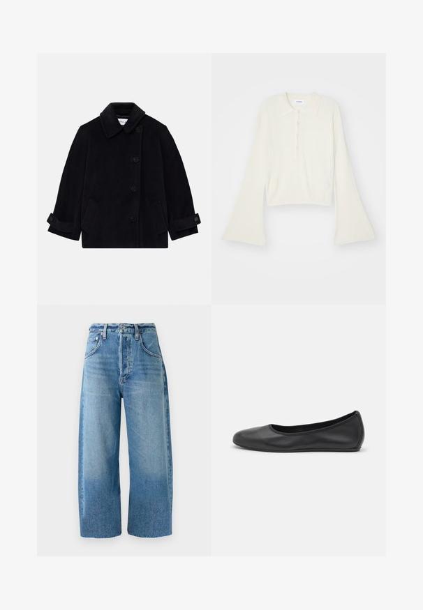 Tengerészkék gyapjúdzseki, amelynek gallérja, egy gombos zárása, két oldalsó zsebe és gombos mandzsettája van.; Csíkozott, krém színű pólóing hosszú, bővülő ujjakkal és öt gombos nyakkivágással. Puha tapintású gallérral rendelkezik.; Világoskék, bő szárú farmernadrág. Klasszikus öt zsebes kialakítással és gombos derékrésszel rendelkezik. A szegélyen elszíneződött részletek találhatók.; Fekete bőr balettcipő lekerekített orral, sima tekstúrával, minimális varrással és rugalmas talp kialakítással.