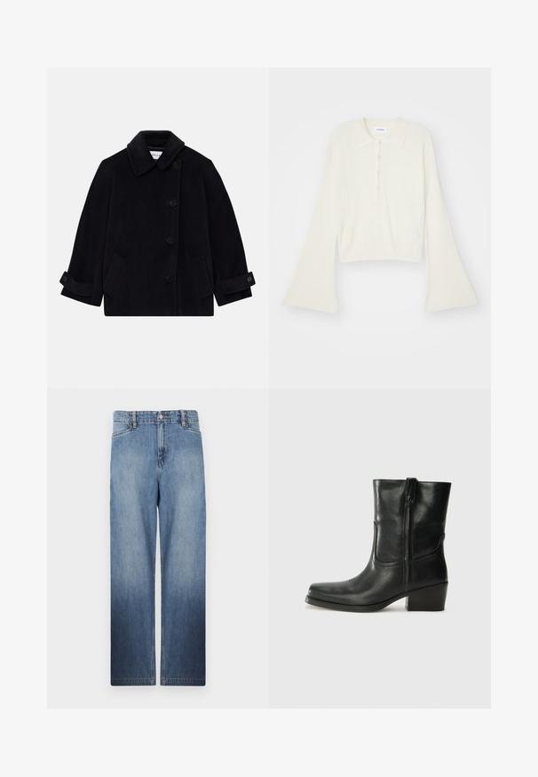 Tengerészkék gyapjúdzseki, amelynek gallérja, egy gombos zárása, két oldalsó zsebe és gombos mandzsettája van.; Csíkozott, krém színű pólóing hosszú, bővülő ujjakkal és öt gombos nyakkivágással. Puha tapintású gallérral rendelkezik.; Világoskék, egyenes szárú farmernadrág, elhalványulós hatással, öt zsebbel és fém gombbal a derékrészén.; Fekete bőr bokacsizma lekerekített orral, blokk sarkúval, oldalsó cipzárral és varrásos díszítéssel az elején. Simább textúra, klasszikus dizájn.