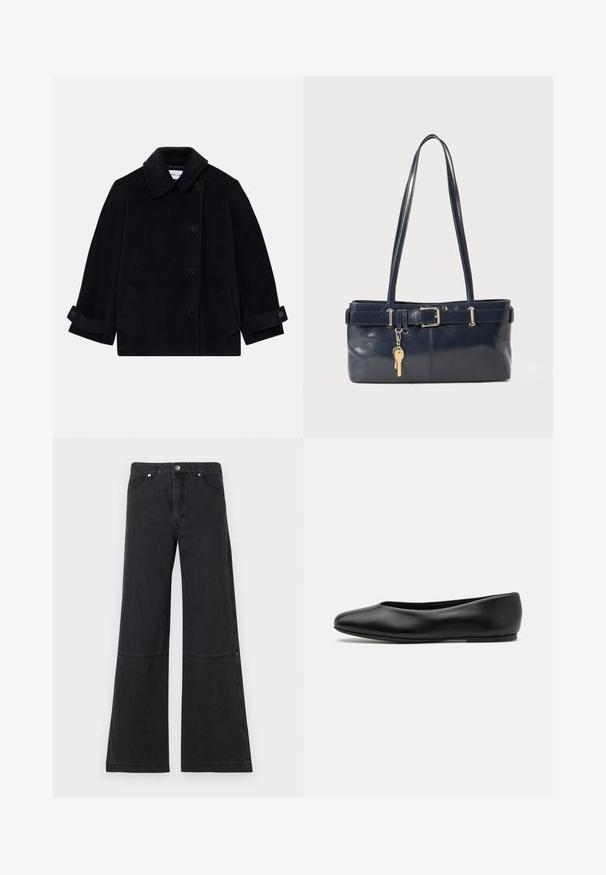 Navy blue wool coat featuring a collar, single-breasted button closure, two side pockets, and cuff detail with buttons.; Ribbed, cream-colored polo shirt with long, flare sleeves and five button placket. Features a collar with a soft texture.; Black wide-leg jeans made of denim, featuring a high waist, front pockets, and a subtle seam detail at the knee. Metal button closure.; Paul Smith TOPANGA - Ballet pumps - black; Navy leather handbag with two long handles, a buckle detail, and a keychain attached. Features a smooth texture and a rectangular shape.
