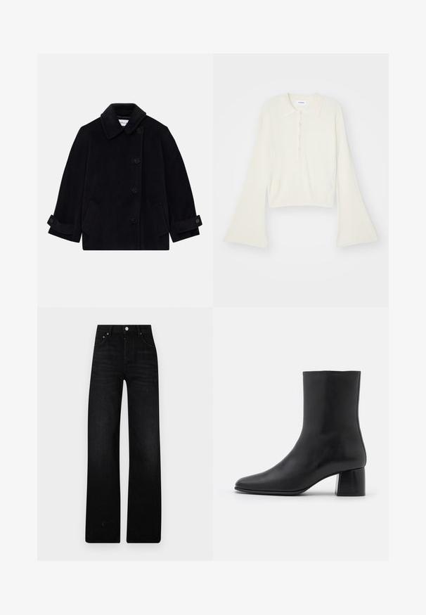 Navy blue wool coat featuring a collar, single-breasted button closure, two side pockets, and cuff detail with buttons.; Ribbed, cream-colored polo shirt with long, flare sleeves and five button placket. Features a collar with a soft texture.; Black wide-leg jeans made from denim. Features a high waist, two front pockets, and metal button closure. Textured finish with minimal fading.; Black leather ankle boot with a pointed toe and a chunky square heel. Smooth texture with a seamless design and minimalistic stitching.
