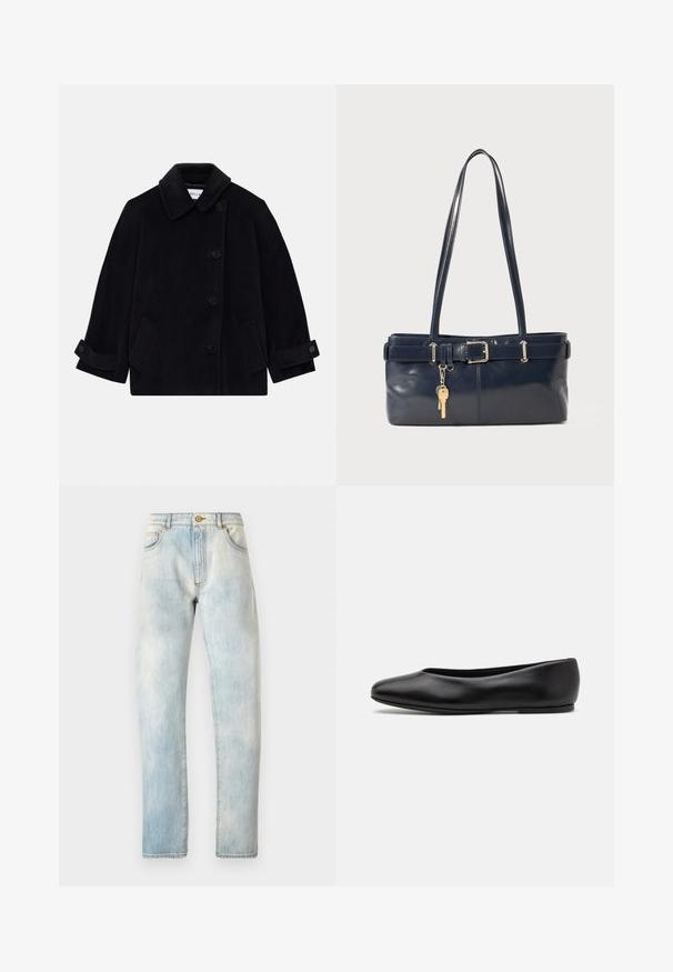 Námořnický modrý vlněný kabát s límcem, jednobarevným zapínáním na knoflíky, dvěma bočními kapsami a detailem na manžetách s knoflíky.; Hladký krémový polo tričko s dlouhými rozevlátými rukávy a páskou s pěti knoflíky. Obsahuje límeček s jemnou texturou.; Svetle modré džínsy s rovnými nohavicemi, pěti kapsami a zapínáním na knoflík. Bledý vzhled po celém povrchu, s podrobným prošíváním na švech.; Paul Smith TOPANGA - Klasické baleríny - black; Námořnická kožená kabelka s dvěma dlouhými uchy, detaily s přezkou a připevněným klíčenkou. Vyznačuje se hladkým povrchem a obdélníkovým tvarem.