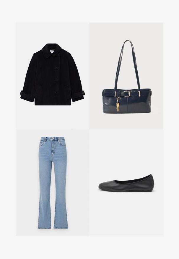 Námornícky modrý vlnený kabát s golierom, jednoradovým uzatváraním na gombíky, dvoma bočnými vreckami a manžetami s gombíkmi.; Ribovaný krémový polo tričko s dlhými rozpätými rukávmi a päťtlačidlovou légou. Obsahuje golier s jemnou textúrou.; Svetlomodré rozšírené džínsy s vysokým pásom, vyrobené z denimu. Majú predné zapínanie na gombík a zips a viditeľné švy pozdĺž švov.; Čierne kožené baleríny s okrúhlou špičkou, hladkým povrchom, minimálnym prešívaním a flexibilným dizajnom podrážky.; Námornícka kožená kabelka s dvoma dlhými uchami, detailom s prackou a pripojeným kľúčovým držiakom. Má hladkú textúru a obdĺžnikový tvar.