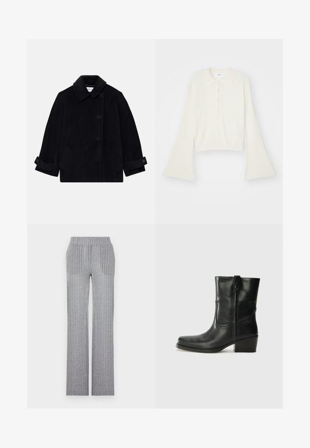 Tumši zils vilnas mētelis ar apkakli, vienas rindas pogu aizdari, divām sānu kabatām un piedurkņu detaļām ar pogām.; Rudmāta, krēmkrāsas polo krekls ar garām, zvana formu piedurknēm un piecu pogu aizdari. Iespējas ietver mīksta tekstūra apkakli.; Pelēkas ribotas adītas bikses ar pieguļošu jostu un izpletu kāju dizainu. Iezīmējas ar maigu spīdumu un vertikālām svītrām tekstūras akcentam.; Melna ādas potīte ar noapaļotu purngalu, bloku papēdi, sānu rāvējslēdzēju un šuvju akcentiem uz virsmas. Gluda tekstūra, klasiskā dizaina.