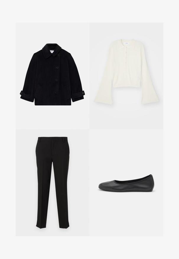 Marineblå uldfrakke med krave, enkeltknappet lukning, to sidelommer og manchetter med knapdetalje.; Ribbet, cremefarvet polo skjorte med lange, vidde ærmer og fem knapper. Har en krave med en blød tekstur.; Sorte skræddersyede bukser med en glat stof, der har en lige ben design, bæltesløjfer og sidelommer. Ingen synlige mønstre eller hardware.; Sort læderballetsko med rund tå, glat tekstur, minimal syning og et fleksibelt såldesign.