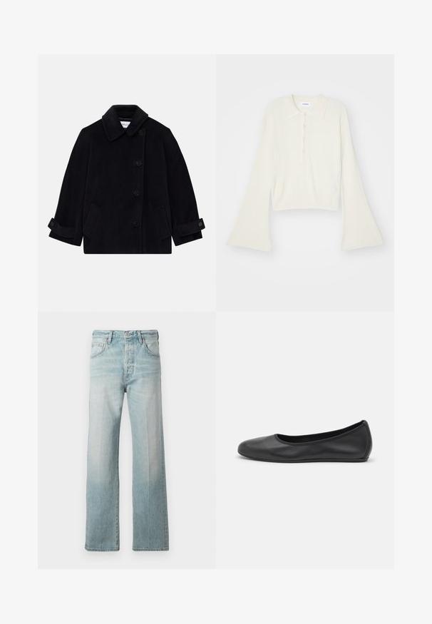 Tengerészkék gyapjúdzseki, amelynek gallérja, egy gombos zárása, két oldalsó zsebe és gombos mandzsettája van.; Csíkozott, krém színű pólóing hosszú, bővülő ujjakkal és öt gombos nyakkivágással. Puha tapintású gallérral rendelkezik.; Világoskék farmernadrág egyenes szárú fazonnal, magas derékkal, elülső zsebekkel és elhalványult textúrával. Finoman öltögetett derékpánttal készült.; Fekete bőr balettcipő lekerekített orral, sima tekstúrával, minimális varrással és rugalmas talp kialakítással.