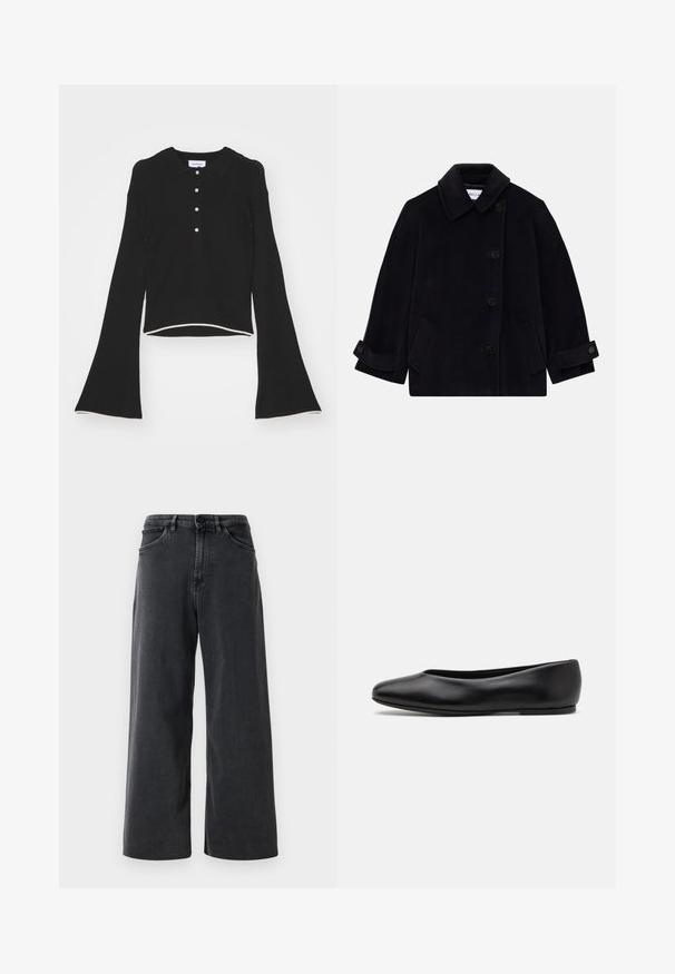 Marineblå uldfrakke med krave, enkeltknappet lukning, to sidelommer og manchetter med knapdetalje.; Soulland KIKI  - Striktrøje - black multi; Sorte denim jeans med bred benvidde, frontknap og lynlås, bæltestropper og frontlommer på en ensfarvet hvid baggrund.; Paul Smith TOPANGA - Ballerinasko - black