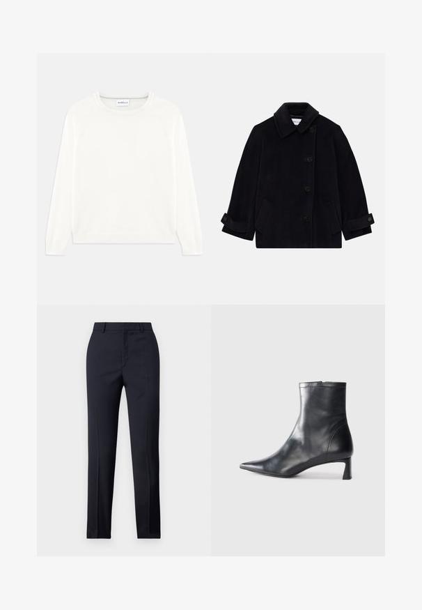 Manteau en laine bleu marine avec col, fermeture à bouton simple sur le devant, deux poches latérales et détail des poignets avec boutons.; Pull léger couleur crème avec un col rond, des manches longues et un ourlet côtelé. Fabriqué en tissu doux avec une texture lisse.; Pantalons ajustés bleu marine avec une coupe droite, présentant une texture lisse, deux poches avant et une taille épurée.; Bottine en cuir noir avec un bout pointu et un design épuré. Présente un petit talon et une fermeture éclair à l'arrière. Texture lisse.