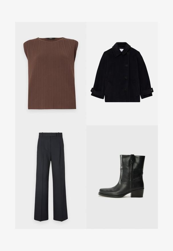 Navy blue wool coat featuring a collar, single-breasted button closure, two side pockets, and cuff detail with buttons.; Brown ribbed sleeveless top with a round neckline. Soft texture, straight cut, and subtle vertical lines emphasizing the fabric's design.; Dark blue pinstriped trousers with a high waist, wide leg design, and no visible hardware or embellishments. Smooth texture and tailored fit.; Black leather ankle boot with a rounded toe, block heel, side zipper, and stitching accents on the vamp. Smooth texture, classic design.