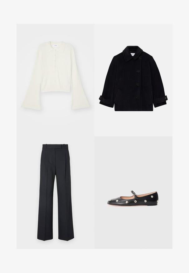 Tamsiai mėlynas vilnonis paltas su apykakle, vienašaliu sagčių uždarymu, dviem šoninėmis kišenėmis ir rankovėmis su sagutėmis.; Ribotas, kreminės spalvos polo marškinėliai su ilgomis, platėjančiomis rankovėmis ir penkiais sagų užsegimais. Apykaklė turi švelnų tekstūrą.; Tamsiai mėlynos juostelės kelnės su aukštu liemeniu, plačiomis kojomis ir be matomų detalių ar puošmenų. Sklandus audinys ir pritaikytas siluetas.; Juodų odinių Mary Jane plokščių batų su apvaliu pirštu, papuoštų sidabriniais apvaliais nagais ir reguliuojamu dirželiu su sagtimi.