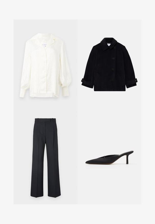 Navy blue wool coat featuring a collar, single-breasted button closure, two side pockets, and cuff detail with buttons.; White blouse with a textured pattern, oversized collar, and puffed sleeves. Features button closure and smocked cuffs. Lightweight fabric.; Dark blue pinstriped trousers with a high waist, wide leg design, and no visible hardware or embellishments. Smooth texture and tailored fit.; Black pointed-toe mule with a sleek design, made of smooth fabric, featuring a slender heel and open back for easy wear.