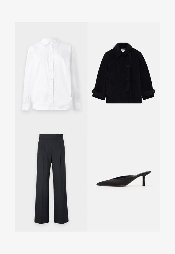Navy blue wool coat featuring a collar, single-breasted button closure, two side pockets, and cuff detail with buttons.; White long-sleeve button-up shirt made of cotton, featuring a pointed collar and a straight fit with a smooth texture.; Dark blue pinstriped trousers with a high waist, wide leg design, and no visible hardware or embellishments. Smooth texture and tailored fit.; Black pointed-toe mule with a sleek design, made of smooth fabric, featuring a slender heel and open back for easy wear.