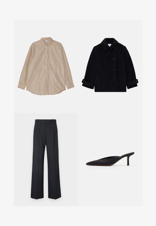 Navy blue wool coat featuring a collar, single-breasted button closure, two side pockets, and cuff detail with buttons.; Beige long-sleeve button-up shirt, featuring a collar, single chest pocket, and smooth, slightly shiny fabric. Round hem and buttons visible.; Dark blue pinstriped trousers with a high waist, wide leg design, and no visible hardware or embellishments. Smooth texture and tailored fit.; Black pointed-toe mule with a sleek design, made of smooth fabric, featuring a slender heel and open back for easy wear.