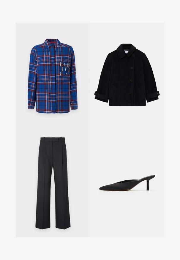 Navy blue wool coat featuring a collar, single-breasted button closure, two side pockets, and cuff detail with buttons.; Blue plaid long-sleeve shirt with red and white accents, includes decorative safety pins on the chest pocket, featuring a collared design.; Dark blue pinstriped trousers with a high waist, wide leg design, and no visible hardware or embellishments. Smooth texture and tailored fit.; Black pointed-toe mule with a sleek design, made of smooth fabric, featuring a slender heel and open back for easy wear.