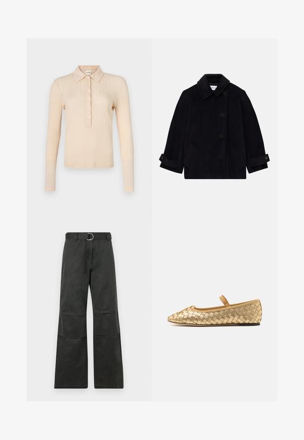 Tumši zils vilnas mētelis ar apkakli, vienas rindas pogu aizdari, divām sānu kabatām un piedurkņu detaļām ar pogām.; Gara piedurkne polo krekliņš gaiši persiku krāsā no ribota auduma, ar apkakles dekoltē, septiņām pogām un pieguļošu siluetu.; Melnas plati kājas bikses ar vidēji augstu jostasvietu, kurām ir josta ar sudraba apaļu sprādzi, un kuras ir papildinātas ar ceļa ieliktņiem.; Loeffler Randall LEONIE SOFT BALLET FLAT - Baletkurpes ar siksniņu ap potīti - gold