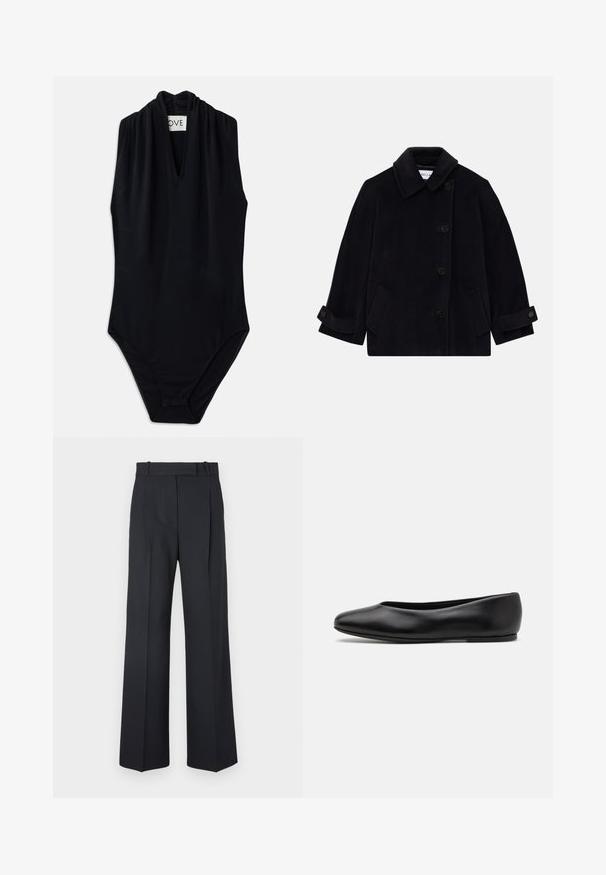 Navy blue wool coat featuring a collar, single-breasted button closure, two side pockets, and cuff detail with buttons.; Black sleeveless bodysuit featuring a deep v-neck and gathered detail at the collar. Made of smooth, stretchable fabric. Minimalist design.; Dark blue pinstriped trousers with a high waist, wide leg design, and no visible hardware or embellishments. Smooth texture and tailored fit.; Paul Smith TOPANGA - Ballet pumps - black