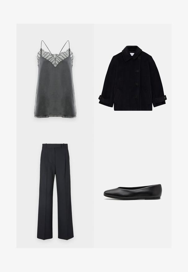 Cappotto di lana blu navy con colletto, chiusura a un bottone, due tasche laterali e dettaglio sui polsini con bottoni.; Camisola grigia in satin con spalline sottili e una sovrapposizione in pizzo a righe trasparente sullo scollo, con un design a forma di V.; Pantaloni a righe blu scuro con vita alta, design a gamba larga e senza hardware o decorazioni visibili. Tessuto liscio e vestibilità sartoriale.; Paul Smith TOPANGA - Ballerine - black