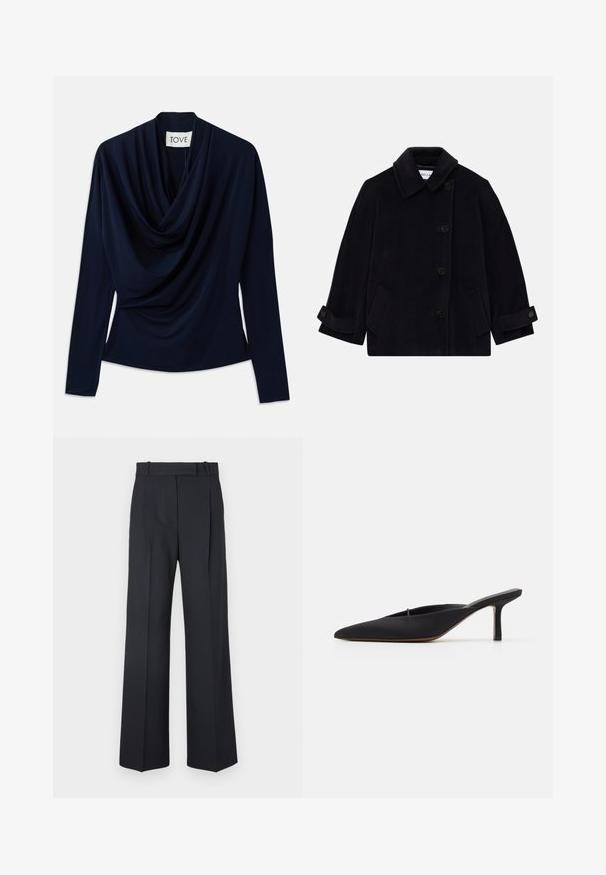 Navyblauwe wollen jas met een kraag, enkelvoudige knoopsluiting, twee zijzakken en manchetten met knopen.; Diepblauw langemouwen top met gedrapeerde halslijn, gemaakt van zachte stof. Heeft een getailleerde pasvorm en een minimaal ontwerp. Merkenlabel zichtbaar.; Donkerblauwe pinstriped broek met een hoge taille, wijde pijpen en zonder zichtbare hardware of versieringen. Glad textuur en nauwkeurige pasvorm.; Zwarte muiltje met spitse neus en een strak ontwerp, gemaakt van gladde stof, met een slanke hak en open achterkant voor gemakkelijk aan- en uittrekken.