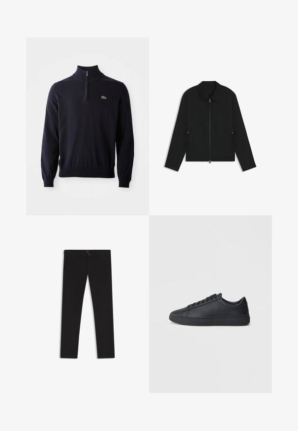 Black zip-up jacket featuring a collar, long sleeves, two side pockets, and a smooth, lightweight texture. Minimalistic design.; Navy blue pullover with a quarter-zip collar, ribbed cuffs and hem, made of soft fabric, featuring a small green crocodile logo on the chest.; Black trousers made of fabric with a smooth texture. Features a button closure, belt loops, and side pockets. Standard straight-leg design.; Black sneakers made of smooth leather with a low-top design, round toe, and flat rubber sole. Features laces and subtle branding.