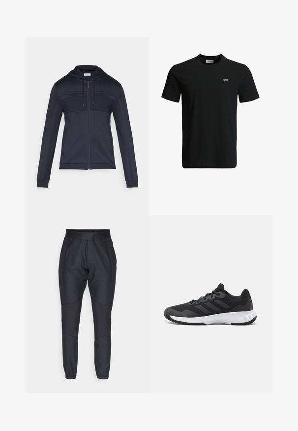 Tumši zils rāvējslēdzēja džemperis ar teksturētu augšējo paneli, kapuci ar aukliņu, sānu strīpām un ribotām aprocēm. Izgatavots no viegla, elastīga materiāla.; Melna kokvilnas T-krekls ar apaļu kakla izgriezumu, īsām piedurknēm un mazu zaļu krokodila logotipu kreisajā krūtī. Gluda tekstūra, ikdienišķs dizains.; Melni sporta bikses ar sašaurinātiem galiem, elastīgu jostasvietu un kontrastējošām tekstūrētām ieliktņiem. Piedāvā logotipa detaļas pie potītēm.; Melna sporta apavi ar teksturētu virsu, trim horizontālām svītrām un baltu zoli ar rakstainu protektoru. Viegls un plūstošs dizains.
