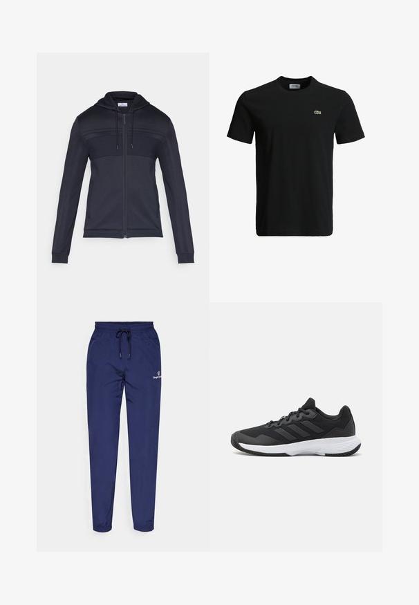 Tamsiai mėlynas gobtuvas su užtrauktuku, tekstūruotu viršutiniu skyriumi, raišteliu gobtuve, šoninėmis juostelėmis ir gofruotomis rankogaliais. Pagamintas iš lengvos, lanksčios medžiagos.; Juodas medvilninis marškinėliai su apvaliu kaklu, trumpomis rankovėmis ir mažu žaliu krokodilo logotipu kairėje krūtinės pusėje. Lygi tekstūra, kasdieniškas dizainas.; Tamsiai mėlynos sportinės kelnės, pagamintos iš lengvos medžiagos. Savybės: elastingas liemuo su raišteliu ir mažas logotipas šlaunyje.; Juodas sportinis batelis su tekstūruota viršutine dalimi, trimis horizontaliomis juostelėmis ir baltu padu su raštuotu protektoriumi. Lengvas ir aerodinamiškas dizainas.