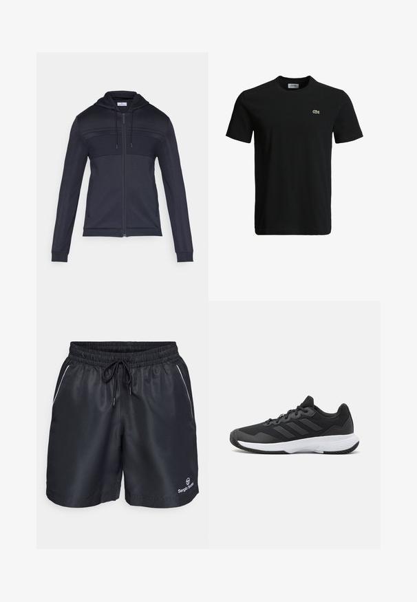 Tamsiai mėlynas gobtuvas su užtrauktuku, tekstūruotu viršutiniu skyriumi, raišteliu gobtuve, šoninėmis juostelėmis ir gofruotomis rankogaliais. Pagamintas iš lengvos, lanksčios medžiagos.; Juodas medvilninis marškinėliai su apvaliu kaklu, trumpomis rankovėmis ir mažu žaliu krokodilo logotipu kairėje krūtinės pusėje. Lygi tekstūra, kasdieniškas dizainas.; Juodi sportiniai šortai su elastinga juosta, raišteliu ir baltais šonų akcentais. Apatinėje dešinėje kojoje yra iškilus logotipas.; Juodas sportinis batelis su tekstūruota viršutine dalimi, trimis horizontaliomis juostelėmis ir baltu padu su raštuotu protektoriumi. Lengvas ir aerodinamiškas dizainas.