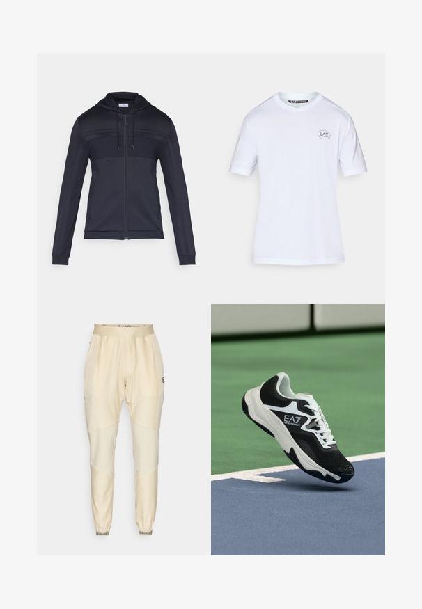 Temno modra jopa s kapuco na zadrgo, z reliefnim zgornjim delom, kapuco z vrvico, bočnimi črtami in rebrastimi manšetami. Izdelana iz lahkega, prožnega materiala.; Bela majica s kratkimi rokavi iz bombaža. Ima majhen črni kroglični logotip na levi prsni strani in klasičen krojeni ovratnik.; Svetlo bež trenerke z gladko teksturo, ki imajo kontrastne panele, elastičen pas in elastične manšete na gležnjih.; Črno-beli čevelj EA7 Emporio Armani, ki visi nad modrimi in zelenimi linijami teniškega igrišča.