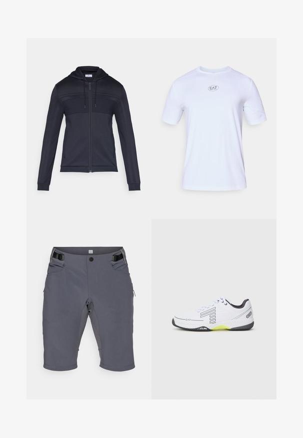 Laivastonsininen vetoketjullinen huppari, jossa on kuvioitu yläpaneeli, kiristysnauhalla varustettu huppu, sivuraidat ja resorit hihansuissa. Valmistettu kevyestä, joustavasta materiaalista.; Valkoinen lyhythihainen urheilupaita, joka on valmistettu kevyestä ja hengittävästä verkkokankaasta. Paitassa on pyöreä kaula-aukko ja pyöreä EA7-logo rinnassa.; Harmaat shorts, jotka on valmistettu joustavasta kankaasta, joissa on napitus, säädettävä vyötärö ja useita sivutaskuja. Sileä pinta, polvenpituinen leikkaus.; Valkoinen urheilukenkä mustilla yksityiskohdilla ja harmailla yksityiskohdilla. Varustettu teksturoidulla päällisellä, nauhoilla ja kirkkaalla keltaisella pohjasegmentillä.