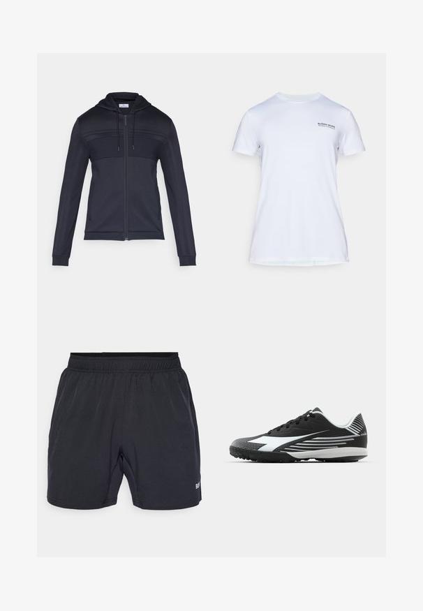 Tengerészkék cipzáros kapucnis pulóver texturált felső panellel, húzózsinóros kapucnival, oldalsó csíkokkal és bordázott mandzsettákkal. Könnyű, rugalmas anyagból készült.; Fehér, rövid ujjú sport póló, melynek bal felső részén a "Björn Borg Training Club Monaco" felirat látható.; Fekete rövidnadrág, elasztikus derékkal, sima, könnyű anyagból készült, kicsi logóval a jobb alsó oldalon.; Fekete sportcipő textúrázott orral, fehér kiegészítőkkel és csíkos mintázattal az oldalon. Alacsony profilú és rugalmas talppal rendelkezik.