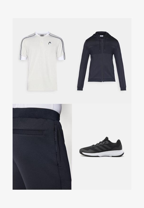 Tumši zils rāvējslēdzēja džemperis ar teksturētu augšējo paneli, kapuci ar aukliņu, sānu strīpām un ribotām aprocēm. Izgatavots no viegla, elastīga materiāla.; Gaišas pelēks kokvilnas polo krekls ar īsām piedurknēm, balta apkakle, divu pogu aizdare un tumši pelēkas akcenta svītras uz pleciem.; Tumši zili sporta bikses ar mīkstu, teksturētu audumu, elastīgu jostu un sānu rāvējslēdzēja kabatu ērtībai.; Melna sporta apavi ar teksturētu virsu, trim horizontālām svītrām un baltu zoli ar rakstainu protektoru. Viegls un plūstošs dizains.