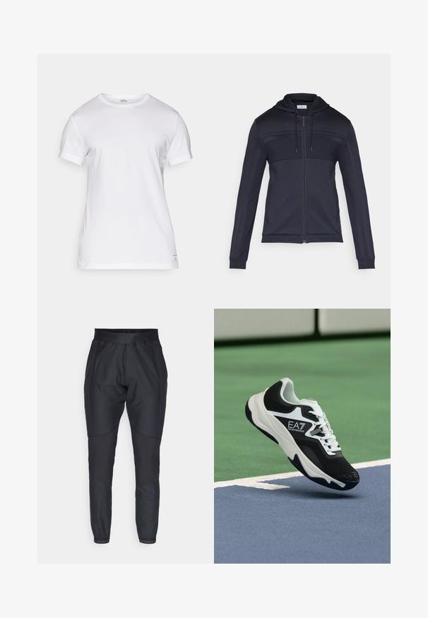 Sudadera con capucha de cremallera azul marino con un panel superior texturizado, capucha con cordón, rayas laterales y puños acanalados. Fabricada con un material ligero y flexible.; Camiseta de algodón blanca con mangas cortas, escote redondo y corte recto. Presenta una pequeña etiqueta de la marca en el dobladillo izquierdo. Textura suave.; Pantalones deportivos negros con piernas ajustadas, cinturilla elástica y paneles texturizados en contraste. Presentan detalles de logotipo cerca de los puños.; Zapatilla EA7 Emporio Armani en blanco y negro suspendida sobre las líneas azules y verdes de una pista de tenis.