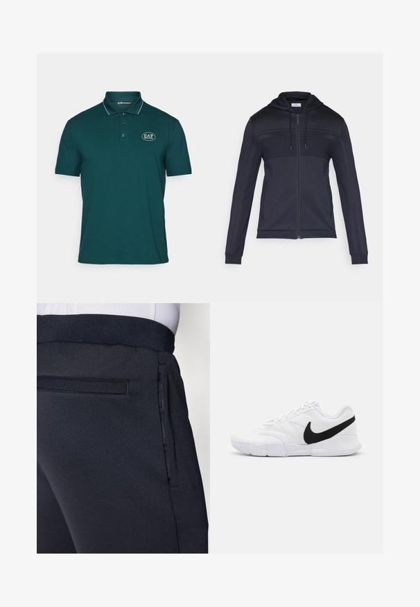 Tmavě modrá mikina s kapucí a zipem, s texturovaným horním panelem, stahovací kapucí, bočními pruhy a žebrovanými manžetami. Vyrobena z lehkého, pružného materiálu.; Polo tričko v tmavě zelené bavlně s tříknoflíkovou légou, krátkými rukávy a kontrastním lemováním límce. Obsahuje logo EA7.; Tmavě modré sportovní kalhoty z měkké texturované látky, s elastickým pasem a boční kapsou na zip pro pohodlí.; Bílé atletické boty se strukturovaným svrškem, černým logem Nike, polstrovaným límcem a pevným gumovým podešvem s vzorovaným profilem.