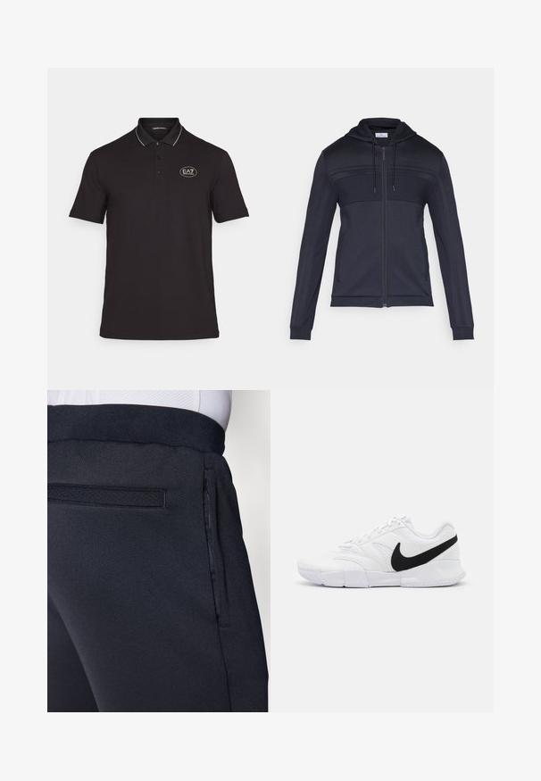Tamsiai mėlynas gobtuvas su užtrauktuku, tekstūruotu viršutiniu skyriumi, raišteliu gobtuve, šoninėmis juostelėmis ir gofruotomis rankogaliais. Pagamintas iš lengvos, lanksčios medžiagos.; Juodas polo marškinėliai, pagaminti iš medvilnės, su klasikine apykakle, trumpomis rankovėmis, trijų mygtukų sagčių užsegimu ir EA7 logotipu kontrastinga spalva.; Tamsiai mėlynos sportinės kelnės, pagamintos iš minkštos, tekstūruotos medžiagos, su elastine juosmens juosta ir šonine kišene su užtrauktuku patogumui.; Baltos sportinės bateliai su tekstūruotu viršumi, juodu Nike logotipu, paminkštintu apvadu ir tvirtu guminio pado su raštuotu protektoriumi.