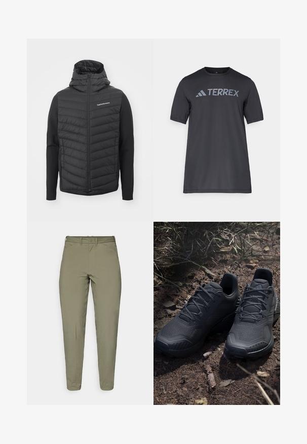 Must mustaga, millel on tikkpind ja siledad varrukad, valmistatud erinevate materjalide segust. Logo vasakul ülemisel küljel.; Must musta t-särk, mis on valmistatud kergetest kangast, millel on kergehall "TERREX" logo rinnaeest ja ümar kaelus.; Heledad oliivrohelised püksid sujuva tekstuuriga, kitseneva lõikega, vöörihmadega ja ühe nööbiga sulgemisega taljes.; Mustad mustes spordijalanõud tekstuurse kudumisega pealisosa, tugevdatud varvas ja pehmendusega tallad, laotud maapinnale, kus on hajutatud oksakesi.
